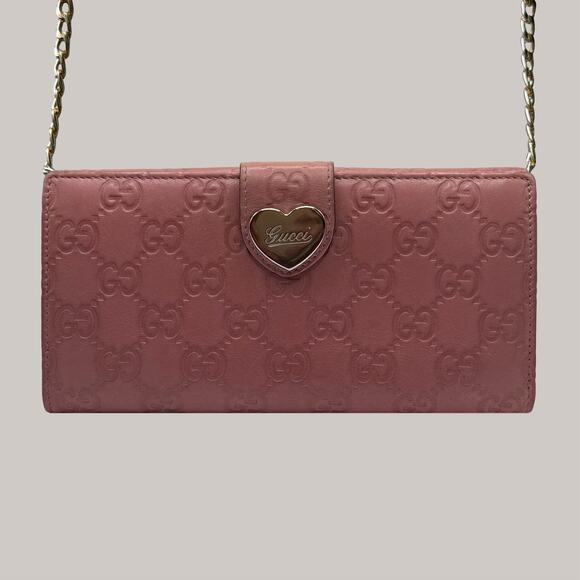 GUCCI & CHAIN GG Guccissima Leather Bifold Long Wallet Heart pink mauve - Picture 1 of 9
